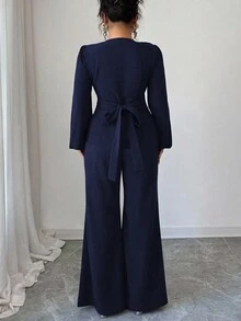 Elenzga 女士优雅酒红色交叉系带腰身花卉拼接法式A字长袖衬衫，喇叭袖，两件套，适合春秋季穿着 - 藏蓝色 - 查看 2