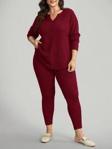 Comfylo 2pcs Plus Size Casual Solid Color Long Sleeve Top And Pants Set