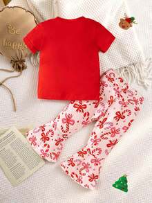 SHEIN Playful Pals 夏季时尚女宝宝，甜美优雅的蝴蝶结樱桃图案圆领短袖上衣搭配可爱的豹纹喇叭裤，日常穿着，外出必备单品 - 彩色 - 查看 7