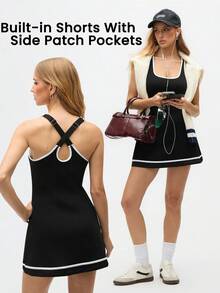 Eassivo Eassivo Women's Black Athletic Tennis Dress ,Sleeveless Fit And Flare Skater Dress With Contrast Trim, Adjustable Cross Back Straps, Casual Sports Activewear Outfit For Women, Black Tennis Dress, Sporty Dress, Activewear Dress, Athleisure Dress - Black - View 1