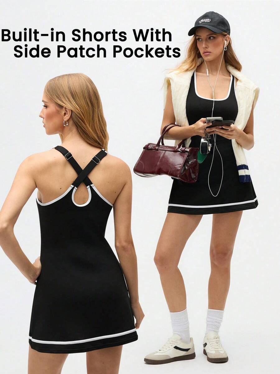 Eassivo Eassivo Women's Black Athletic Tennis Dress ,Sleeveless Fit And Flare Skater Dress With Contrast Trim, Adjustable Cross Back Straps, Casual Sports Activewear Outfit For Women, Black Tennis Dress, Sporty Dress, Activewear Dress, Athleisure Dress - Black - View 1