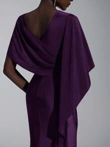 Elitara Elegant Luxurious Navy Blue Satin Ruffle Sleeve Sexy Slit Fishtail Bridesmaid Dress - Purple - View 3