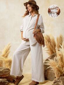 SHEIN BOHO 2pcs Maternity Set: Striped Drop Shoulder Long Sleeve Shirt And Adjustable Waist Wide Leg Pants, Casual