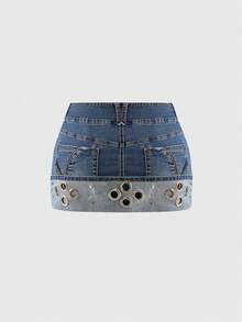 ROMWE J-Fashion Váy mini denim cổ điển cạp thấp phong cách Y2K Metallic Gaze dành cho nữ - Màu xanh lam - Xem 2