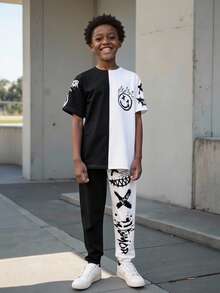 SHEIN Vacaura 青少年男孩臉部印花短袖t卹和運動長褲2件套裝