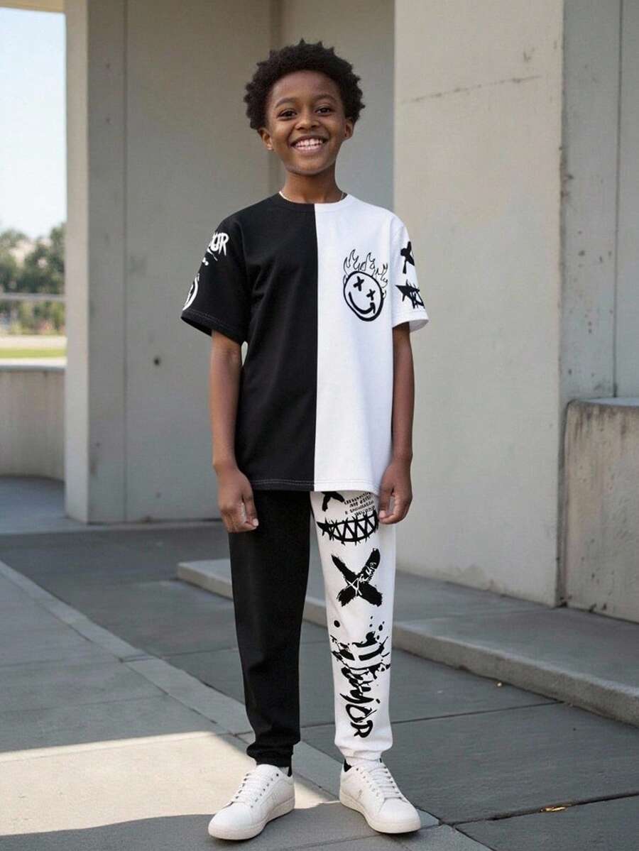 SHEIN Vacaura 青少年男孩臉部印花短袖t卹和運動長褲2件套裝