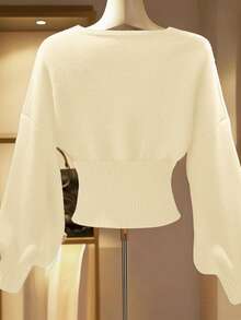 Franclia 女士秋冬交叉领正式时尚落肩长袖纯色假门襟金属纽扣针织套头毛衣 - 淡黃色 - 查看 2