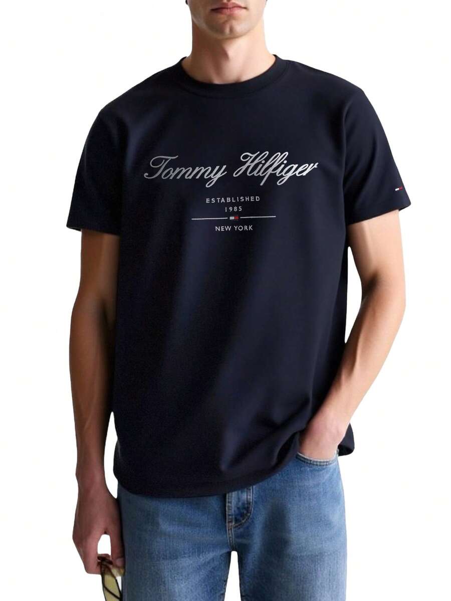 Tommy Hilfiger Script Logo Men's T-Shirt Navy Blue - Desert sky - View 1