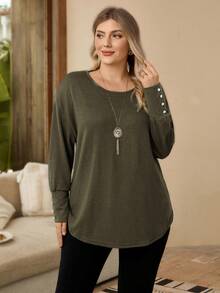 Rosumi Plus Size Women's Solid Color Army Green Round Neck Drop Shoulder Long Sleeve Button Design Casual Casual Loose T-Shirt, Autumn/Winter,Going Out,2025 New,Simple And Fashionable For Everyday Wear, Plus Size Winter,Christmas For Women, New Year,Thanksgiving For Women, Crew Neck Tops, Long Sleeve Tops, Plus Size Long Sleeve Tops - Army Green - View 7