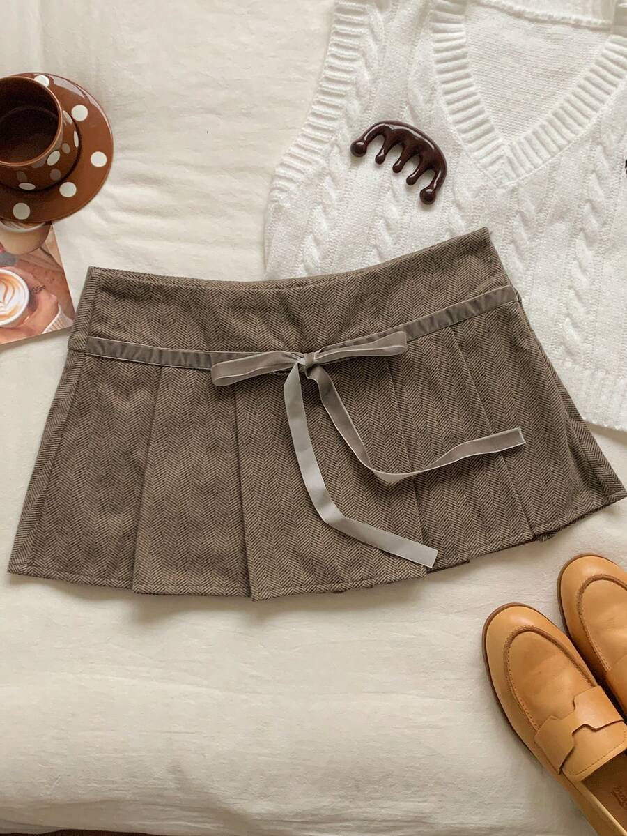 Comfortcana Plus Size Autumn/Winter Lace-Up Pleated Mini Skirt Khaki Skirts Brown Skirts Pleated Skirt Women Skirts - Multicolor - View 1