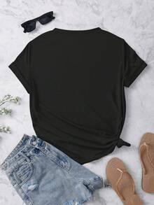 Camiseta casual de mujer de manga corta con cuello redondo y estampado de perros - Negro - Ver 2