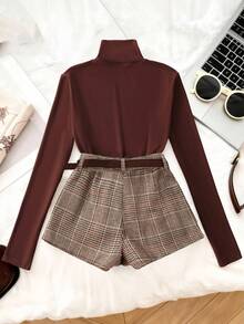 Franclia Retro-Chic Versatile Plaid Wool Suit With Belt, Perfect For Autumn And Winter, Paired With Shorts, Casual Shorts, Autumn And Winter Shorts, Turtleneck Knit Long-Sleeved Base Layer, Winter Outfit, Comfortable Women's Autumn And Winter Clothing, Autumn And Winter Women's Two-Piece Suit, Winter Outfit, Retro Plaid With Turtleneck Long-Sleeved Base Layer, New Year's Clothing Set, Brown Top, Winter Plaid Shorts.