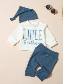 SHEIN HELLO Letter Embroidered Newborn Photography Outfit, Baby Boys/Girls Top, Pants, Hat 3pcs Set, Infant 1 Month To 100 Days Studio Photo Shoot Clothing