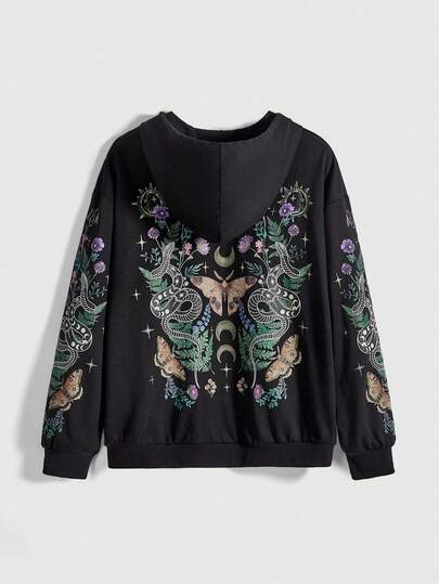 Goth Chaqueta con capucha con cremallera negra de talla grande con diseños góticos y Y2K de enredadera, mariposa, serpiente enrollada y espinas, para otoño/invierno, chaqueta casual de mujer de talla grande para Navidad