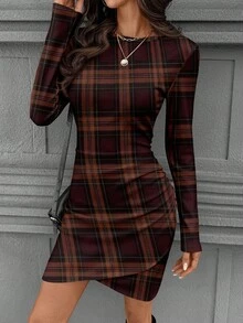 SHEIN LUNE Váy ngắn tay dài kẻ caro ôm sát eo nhún bèo cổ lọ cho nữ, thanh lịch cho mùa thu/đông - Nhiều màu - Xem 3