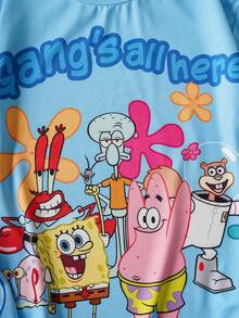 SpongeBob SquarePants | SHEIN Tween Boy Cartoon Pattern Cute Blue Round Neck Long Sleeve T-Shirt - Blue - View 4