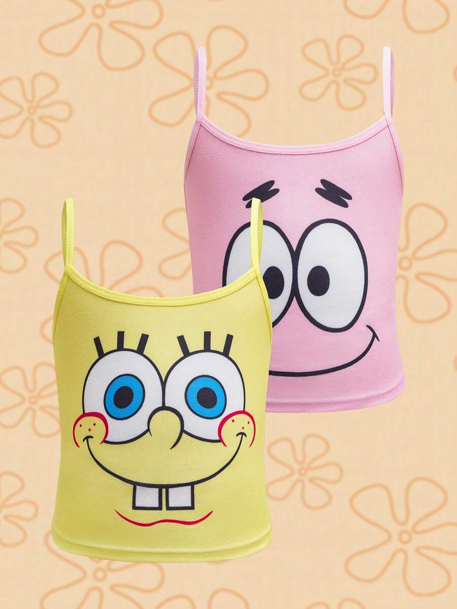 SpongeBob SquarePants | SHEIN Young Girl Comfortable Breathable Cute Cartoon Pattern Fitted Cami Top