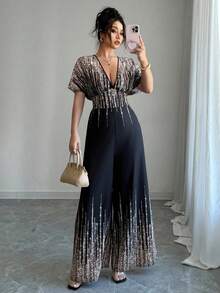 SHEIN Tall CURVE 大码女式条纹深V领蝙蝠袖性感连体裤 - 黑色 - 查看 6