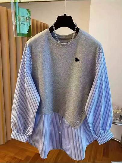 Franclia Women's Casual Patchwork Round Neck Long Sleeve Sweatshirt