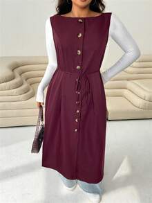 SHEIN EZwear Robe décontractée sans manches à col rond et boutonnage simple en couleur unie pour femmes grandes tailles