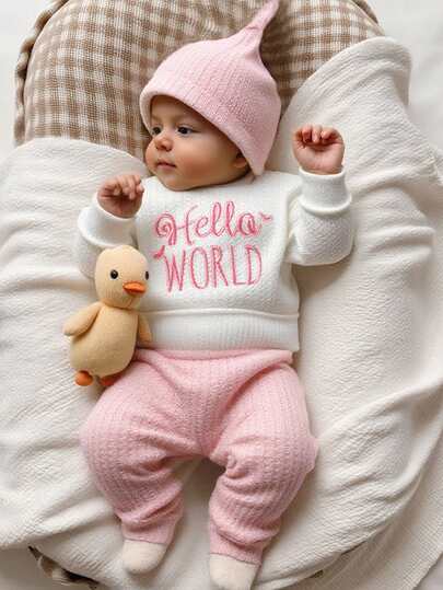 SHEIN HELLO Letter Embroidered Newborn Photography Outfit, Baby Boys/Girls Top, Pants, Hat 3pcs Set, Infant 1 Month 100 Days Studio Photo Shoot Clothing