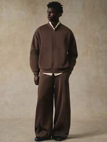 STYNVO 男士纯色拉链夹克和阔腿裤休闲大地色系两件套，棕色宽松版型，带保暖内衬 - 棕色 - 查看 5