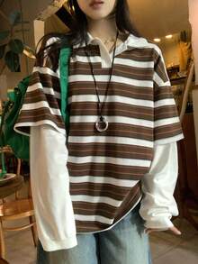 DAZY Women's Turndown Collar Striped Korean Style Casual Long Sleeve 2 In 1 Street T-Shirt