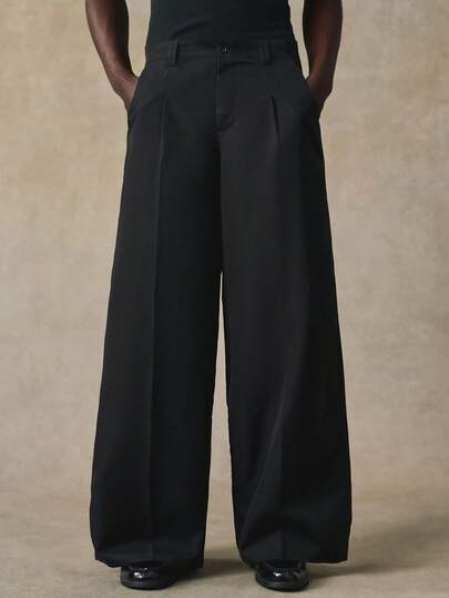 STYNVO Men's Fashionable Versatile Solid Color Wide Leg Pants Mens Wide Leg Pants Black Wide Leg Trousers Pleated Wide Leg Pants Mens Baggy Pants Loose Pants Black Wide Leg Pants Men Baggy Wide Pants