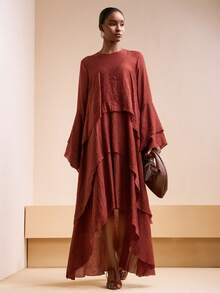 Zivah 2025秋冬季新年、情人节、派对、晚宴、约会、生日、学院风、学生装、日常穿着、百搭基础款、休闲、邮轮旅行、爆款、优雅、通勤、商务休闲、极简主义、层叠荷叶边圆领长袖、宽松A字裙、不对称下摆、纹理褶皱面料、长款连衣裙、波西米亚风连衣裙、女士连衣裙 - 酒紅色 - 查看 7