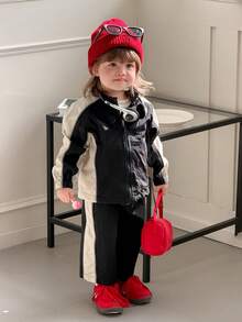 DAZY 2pcs Baby Girls Casual Color Block Patchwork Korean Style Jacket And Long Pants Set Toddler Girls Clothes - Black and White - View 3
