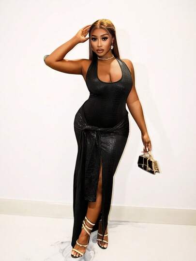 BamGleam Snake-Print Faux Leather Irregular High-Slit Long Dress With Sexy V-Neck Halter Neck, Backless Design, Pleated Straps, And Stage Embellishments. Suitable For Parties, Banquets, And Stage Performances.