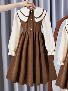 SHEIN Girls Pearl Button Decor Long Sleeve Peter Pan Collar Midi Pleated Dress, Cute Sweet Academic Style, Fashionable, Autumn/Winter - Brown - View 4