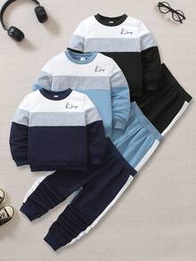 SHEIN 4-7岁男童6件套休闲运动学院风街头可爱酷炫撞色卫衣+裤子，适合日常穿着、上学、外出、运动、春秋季节，为小男孩提供多种穿搭选择。 - 杏色 - 查看 1