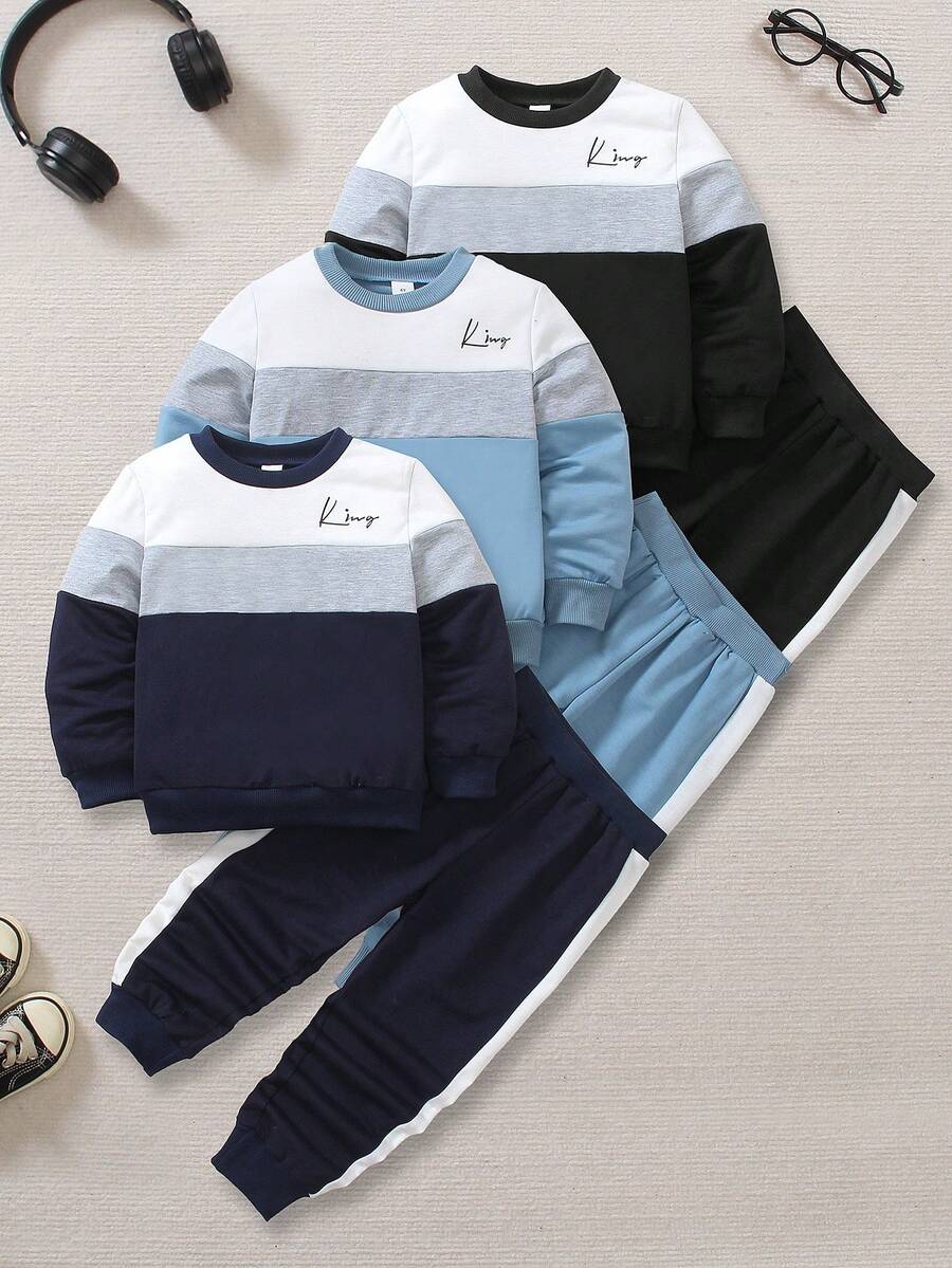SHEIN 4-7岁男童6件套休闲运动学院风街头可爱酷炫撞色卫衣+裤子，适合日常穿着、上学、外出、运动、春秋季节，为小男孩提供多种穿搭选择。 - 杏色 - 查看 1