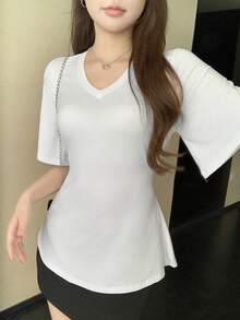 DAZY Women's Elegant V-Neck Ruched Flare Sleeve Short Sleeve T-Shirt, Summer - White - View 4