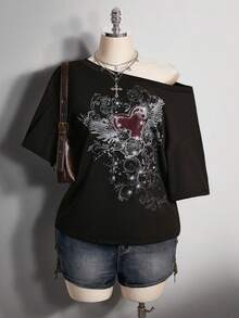 SHEIN ICON Plus Size Retro Y2K Punk Gothic Grunge Rock Heart Wings Rhinestone Asymmetrical Shoulder Loose Black T-Shirt,Sommar,Night Out Club - Black - View 1