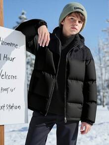 Vacaura 1 件适合青少年男孩的黑色保暖连帽派克大衣，时尚宽松的夹棉外套，适合秋冬季、户外、旅行、学校和各种场合 - 黑色 - 查看 6