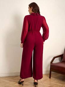 Chikora Plus Size Women's Elegant Lapel Long Sleeve Wide Leg Jumpsuit - Burgundy - View 2