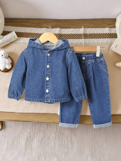 2件套婴儿/幼儿男童蓝色牛仔连帽外套和束口宽松裤套装