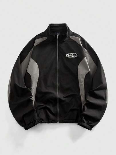 Street Life Men's Geometric Print Contrast Color Zipper Collar Casual Jacket