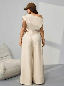 SHEIN EZwear 大码女式纯色蝙蝠袖露脐上衣和阔腿裤休闲两件套 - 杏色 - 查看 2