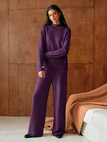 MOTF PREMIUM 纽扣装饰毛衣和针织裤套装 - 紫色 - 查看 7