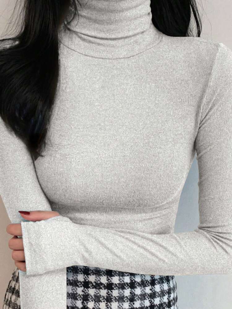 Women's Solid Color Minimalist Casual Turtleneck Slim Fit Long Sleeve Base Layer T-Shirt
