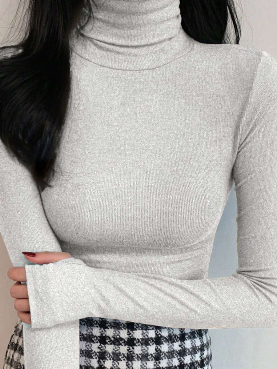 DAZY Women's Solid Color Minimalist Casual Turtleneck Slim Fit Long Sleeve Base Layer T-Shirt - Grey - View 1
