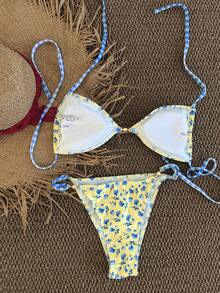 Swim Mod Women's Ditsy Floral Adjustable Halter Backless Triangle Top And High Cut Bikini Bottom Swimsuit Set, Fashionable, Cute, Sexy, Suitable For Beach, Yacht Party, Resort - Multicolor - View 2