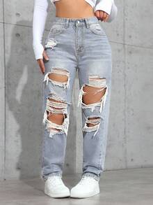 SHEIN ICON Plus Size Women Casual High Waist Loose Distressed Button Denim Jeans - Blue - View 1