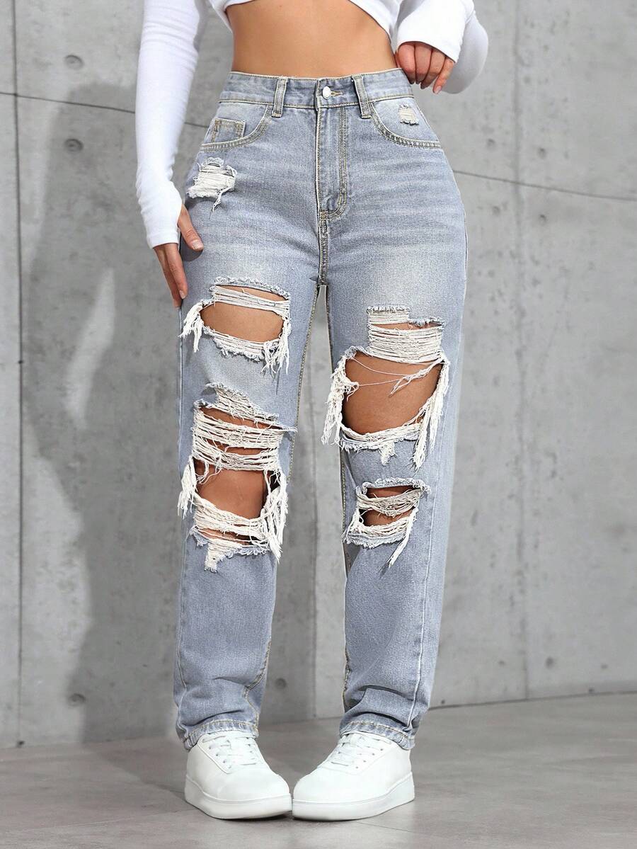 SHEIN ICON Plus Size Women Casual High Waist Loose Distressed Button Denim Jeans - Blue - View 1