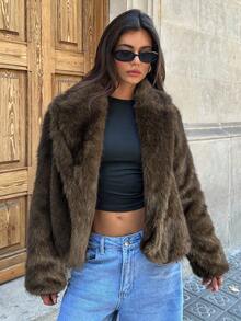 Aloruh Fluffy Thick & Warm Loose Fit Long Sleeve Outerwear For Womenwinter, Old Money, Casual, Brown, Faux Fur, Plush, Long Sleeve,Fall,Fall Clothes For Women,Women's Winter Clothes