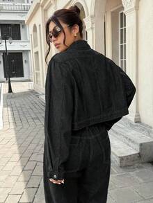 SHEIN ICON جاكيت كاجوال مغسول للنساء ذوات الحجم الكبير - الأسود - مشاهدة 2