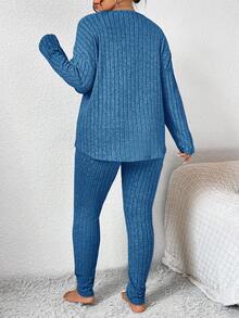 SHEIN Frenchy Große Größen Set aus einfarbigem minimalistischem Langarm-Top und Hose, 2-teilig - Königsblau - Übersicht 2